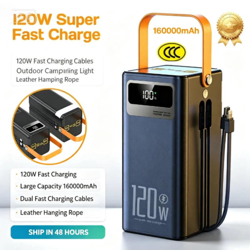 Portable PowerBank 120W160000mAH Super Fast Charger Large Capacity External Battery Supports Simultaneous Charging of 7 Devices