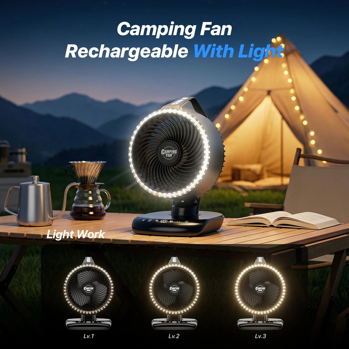 Portable Camping Fan 20000mAh Rechargeable Battery Powered Fan with LED Lantern USB-C Battery Operated Fans Ultra Quiet