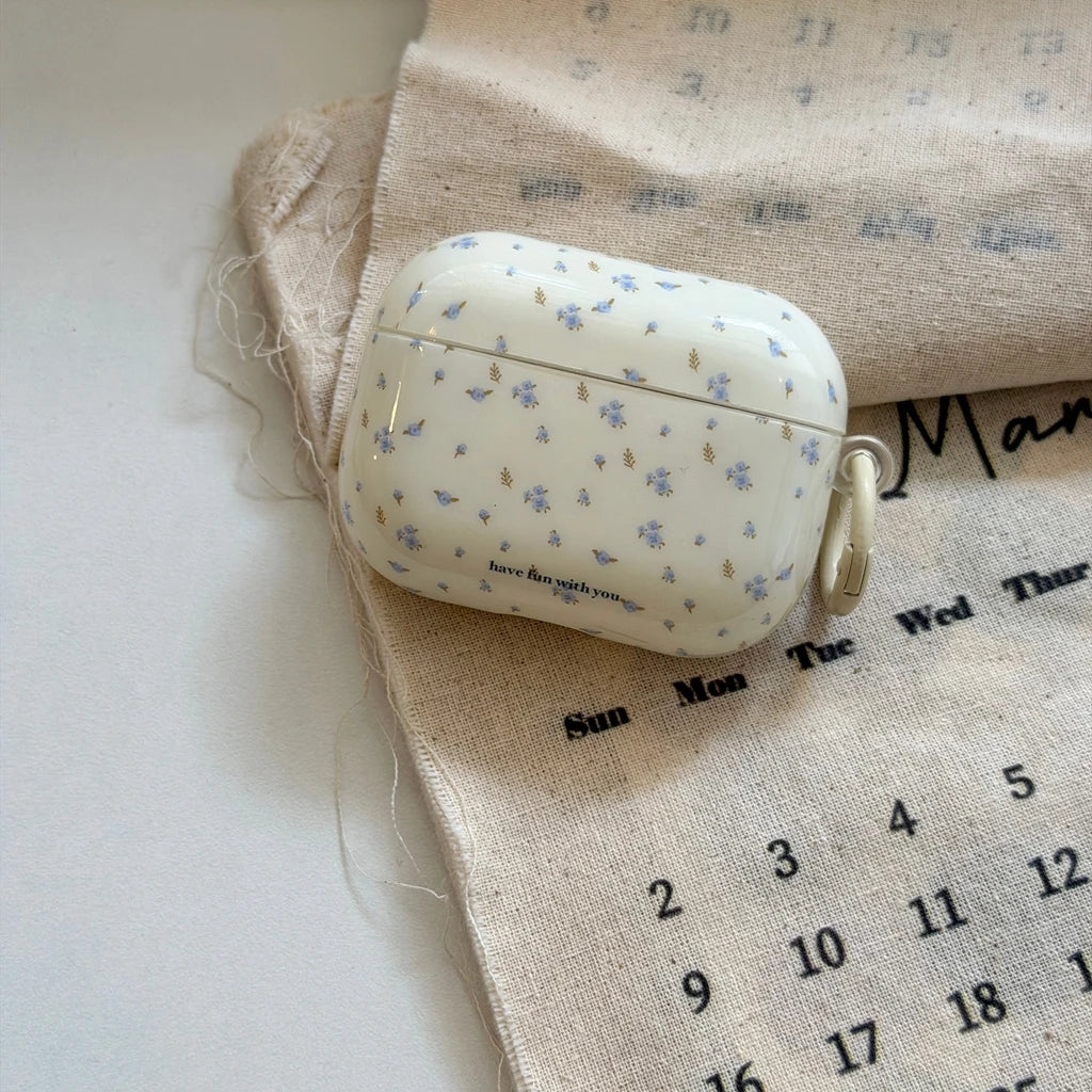 Ins White Background Blue Small Floral Light Brown Branches Leaves Earphones Protective Cover Case for AirPods 1 2 3 4 Pro2 Pro3