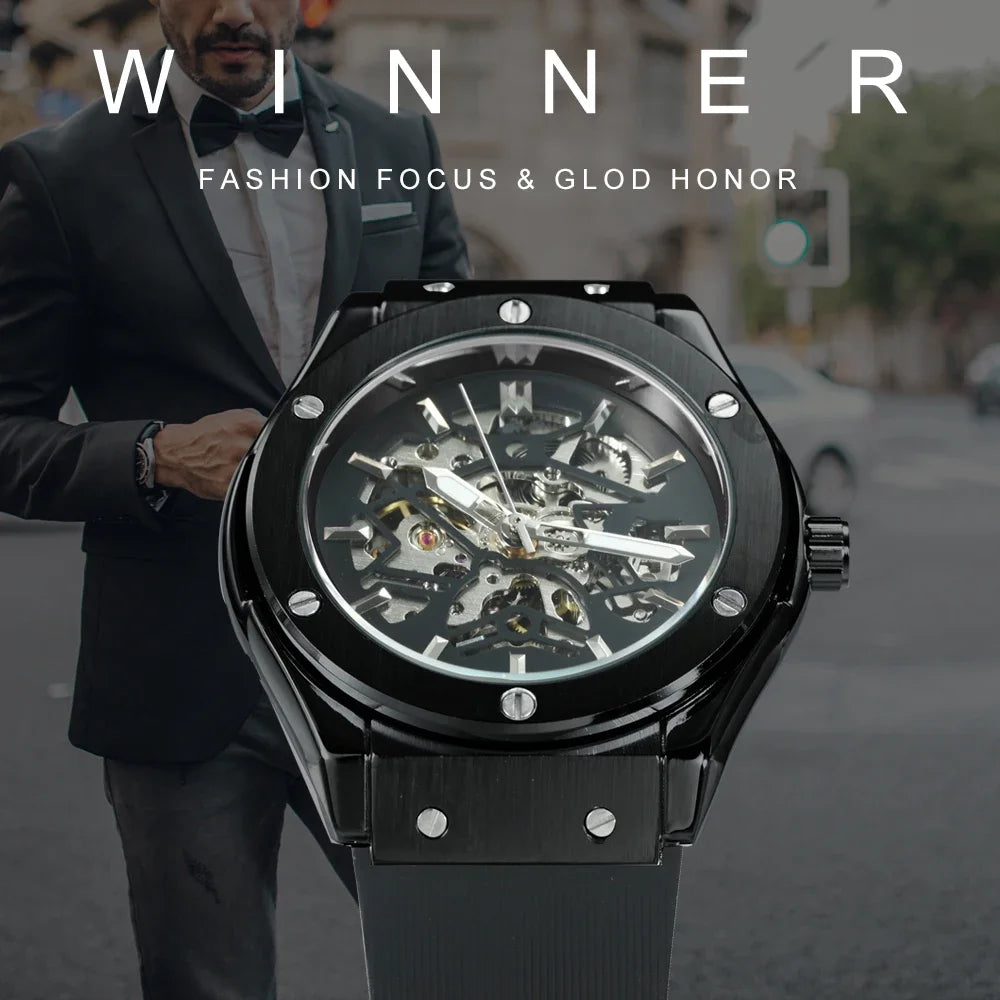 WINNER Automatic Mechanical Watch for Men Rubber Strap Skeleton Dial Male Clock Military Sports Style Wristwatch Dropshipping