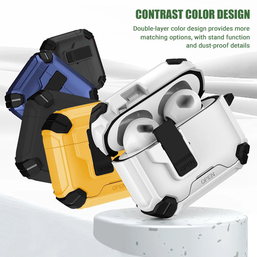 Earphone Cases For Airpods Pro 3 2 Case Airpods 4 3 2 1 Secure Lock Fundas TPU Full Protection Shell Covers With Phone Stand
