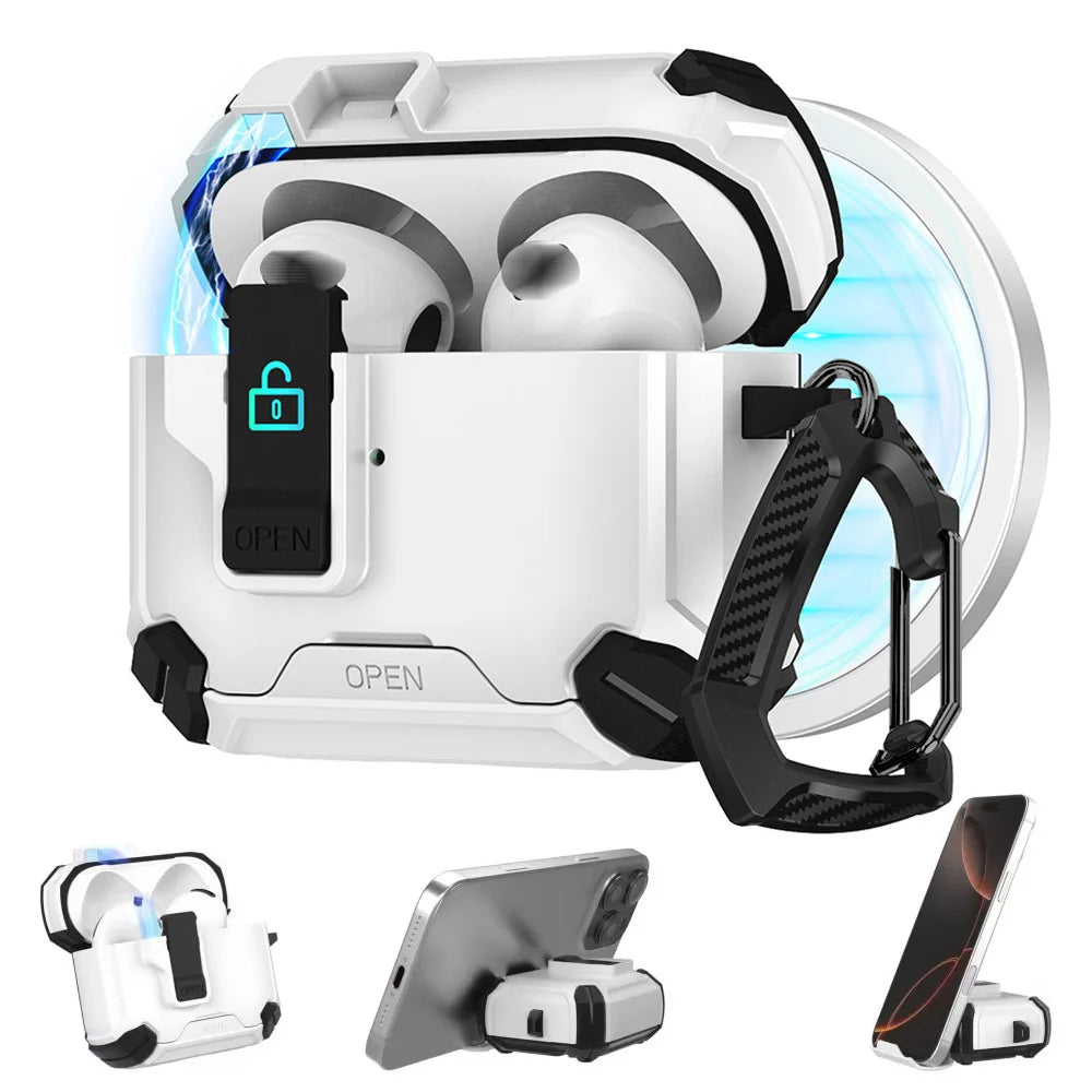 Earphone Cases For Airpods Pro 3 2 Case Airpods 4 3 2 1 Secure Lock Fundas TPU Full Protection Shell Covers With Phone Stand