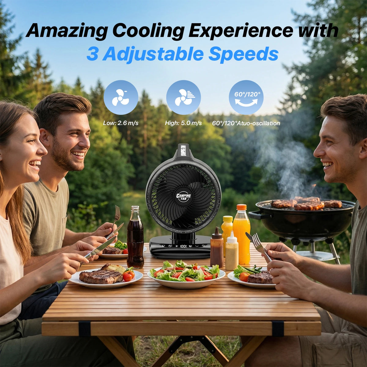 Portable Camping Fan 20000mAh Rechargeable Battery Powered Fan with LED Lantern USB-C Battery Operated Fans Ultra Quiet