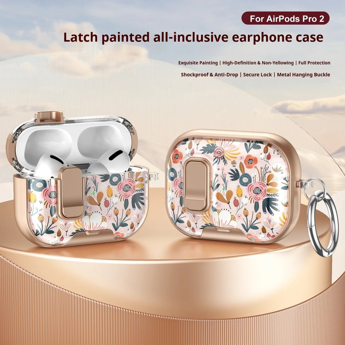 Earphone Case Latch Painted All-inclusive for AirPods Pro 3 & AirPods 4 Pro2 with Switch Safety Lock+Bottom Stand Bracket Cover