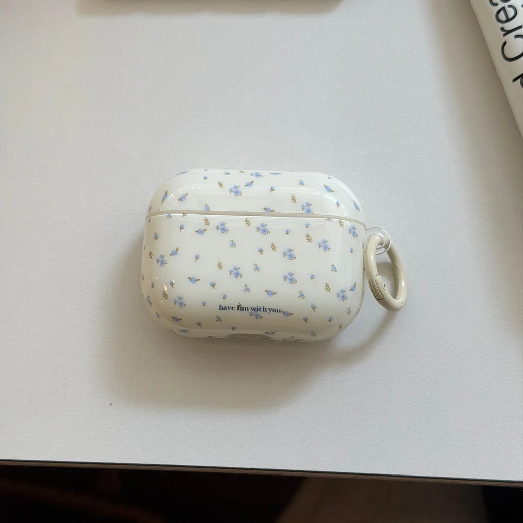 Ins White Background Blue Small Floral Light Brown Branches Leaves Earphones Protective Cover Case for AirPods 1 2 3 4 Pro2 Pro3