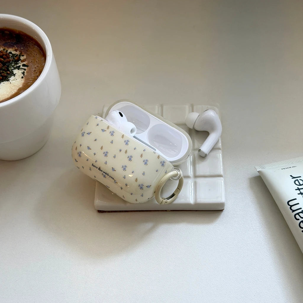 Ins White Background Blue Small Floral Light Brown Branches Leaves Earphones Protective Cover Case for AirPods 1 2 3 4 Pro2 Pro3