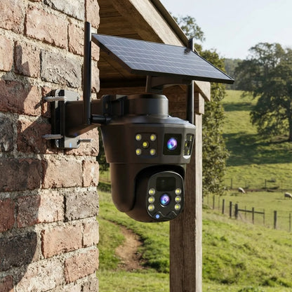 Solar Security Camera with Solar Panel Outdoor Two-lensLens Security Camera WiFi Wireless for Homeowners, Yard, Home Entrance