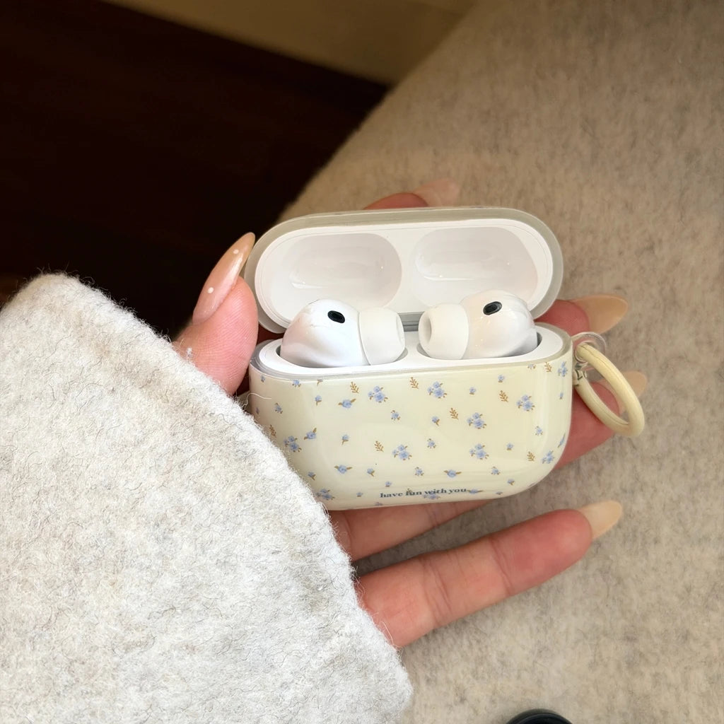 Ins White Background Blue Small Floral Light Brown Branches Leaves Earphones Protective Cover Case for AirPods 1 2 3 4 Pro2 Pro3