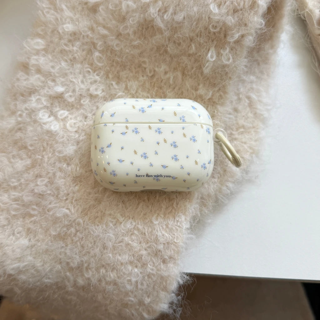 Ins White Background Blue Small Floral Light Brown Branches Leaves Earphones Protective Cover Case for AirPods 1 2 3 4 Pro2 Pro3