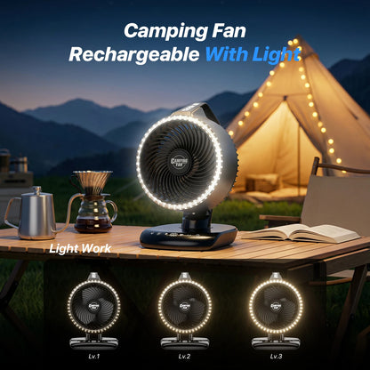 Portable Camping Fan 20000mAh Rechargeable Battery Powered Fan with LED Lantern USB-C Battery Operated Fans Ultra Quiet