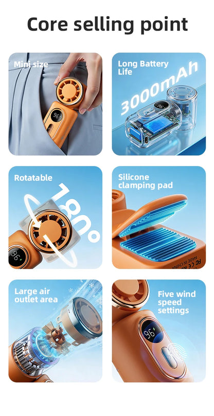 Portable Mini Fan Handheld Cooling Turbo Small Fan 5 Speed 3000mAh LED Display 180° Adjustable Clip USB Rechargeable Fans New