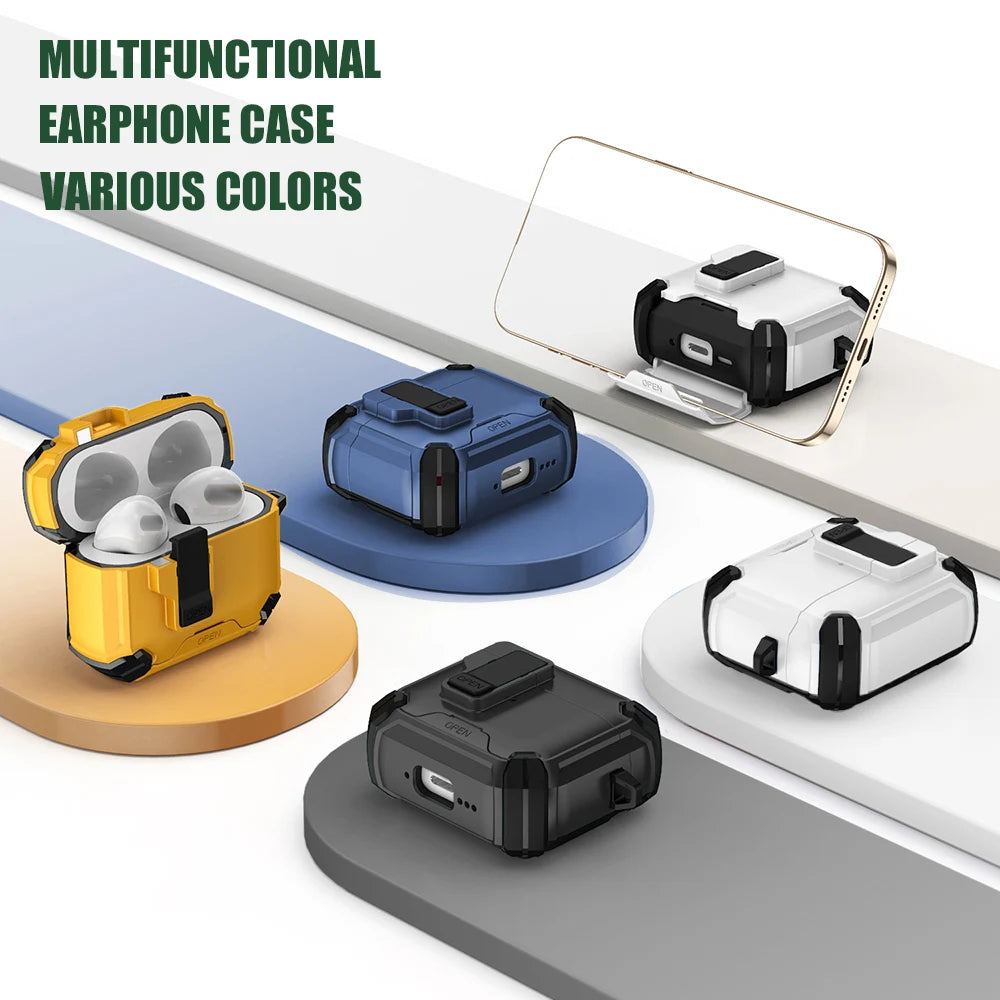 Earphone Cases For Airpods Pro 3 2 Case Airpods 4 3 2 1 Secure Lock Fundas TPU Full Protection Shell Covers With Phone Stand