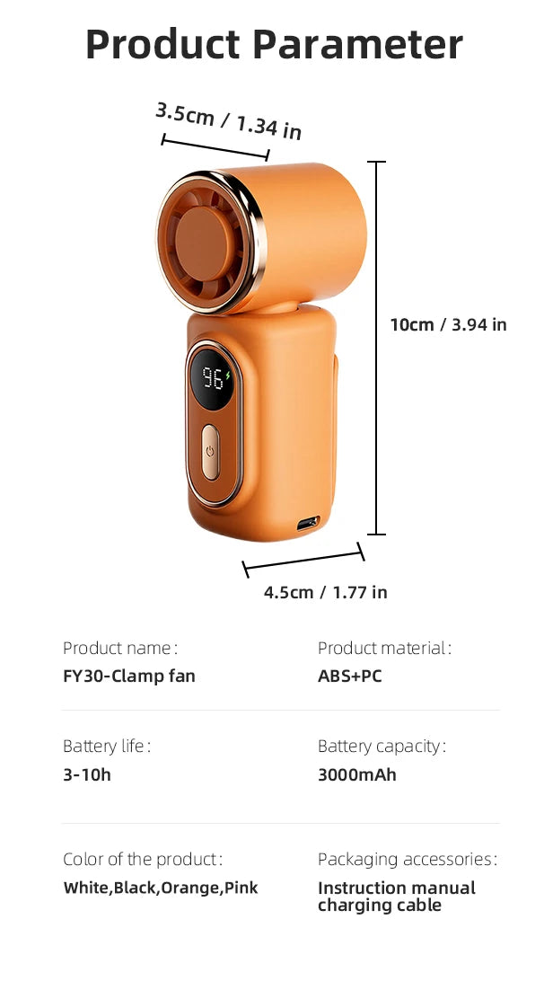 Portable Mini Fan Handheld Cooling Turbo Small Fan 5 Speed 3000mAh LED Display 180° Adjustable Clip USB Rechargeable Fans New