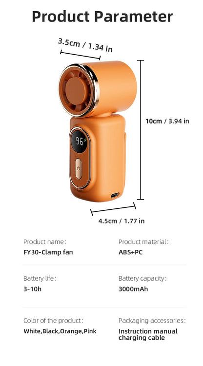 Portable Mini Fan Handheld Cooling Turbo Small Fan 5 Speed 3000mAh LED Display 180° Adjustable Clip USB Rechargeable Fans New