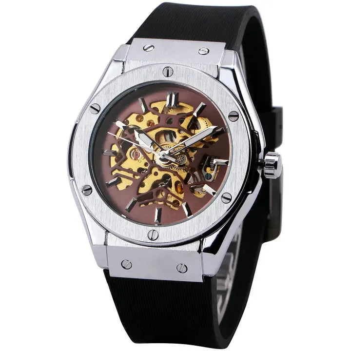 WINNER Automatic Mechanical Watch for Men Rubber Strap Skeleton Dial Male Clock Military Sports Style Wristwatch Dropshipping
