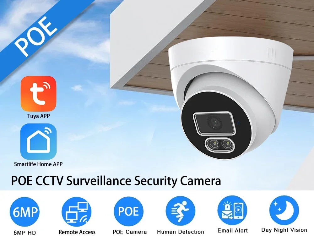 6MP Tuya Smartlife Home Surveillance Camera IP POE Two-Way Audio Dome Color Night Vision Ai Detect CCTV  Video Security For NVR