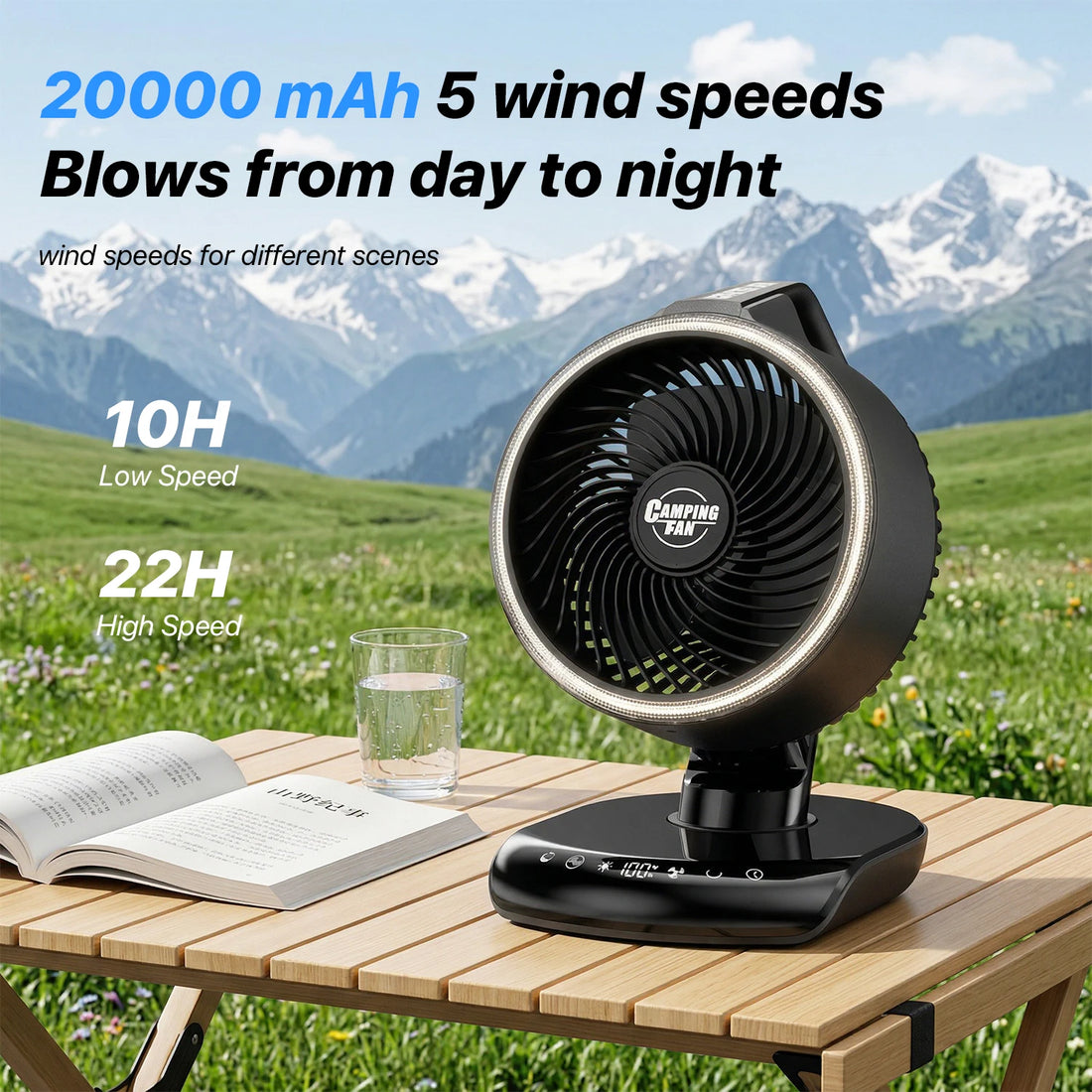 Portable Camping Fan 20000mAh Rechargeable Battery Powered Fan with LED Lantern USB-C Battery Operated Fans Ultra Quiet